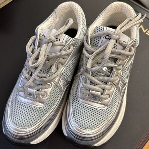 CHANEL Silver Mesh & Metallic Sneakers